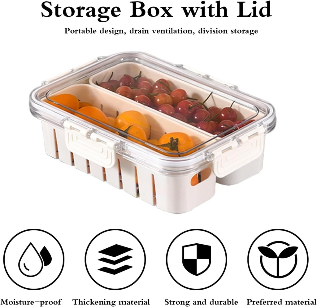 علبة ثلاجة اكليريك مقسمة 2 مصفاة داخلية  لحفظ وتنطيم الطعام بغطاء محكم الغلق