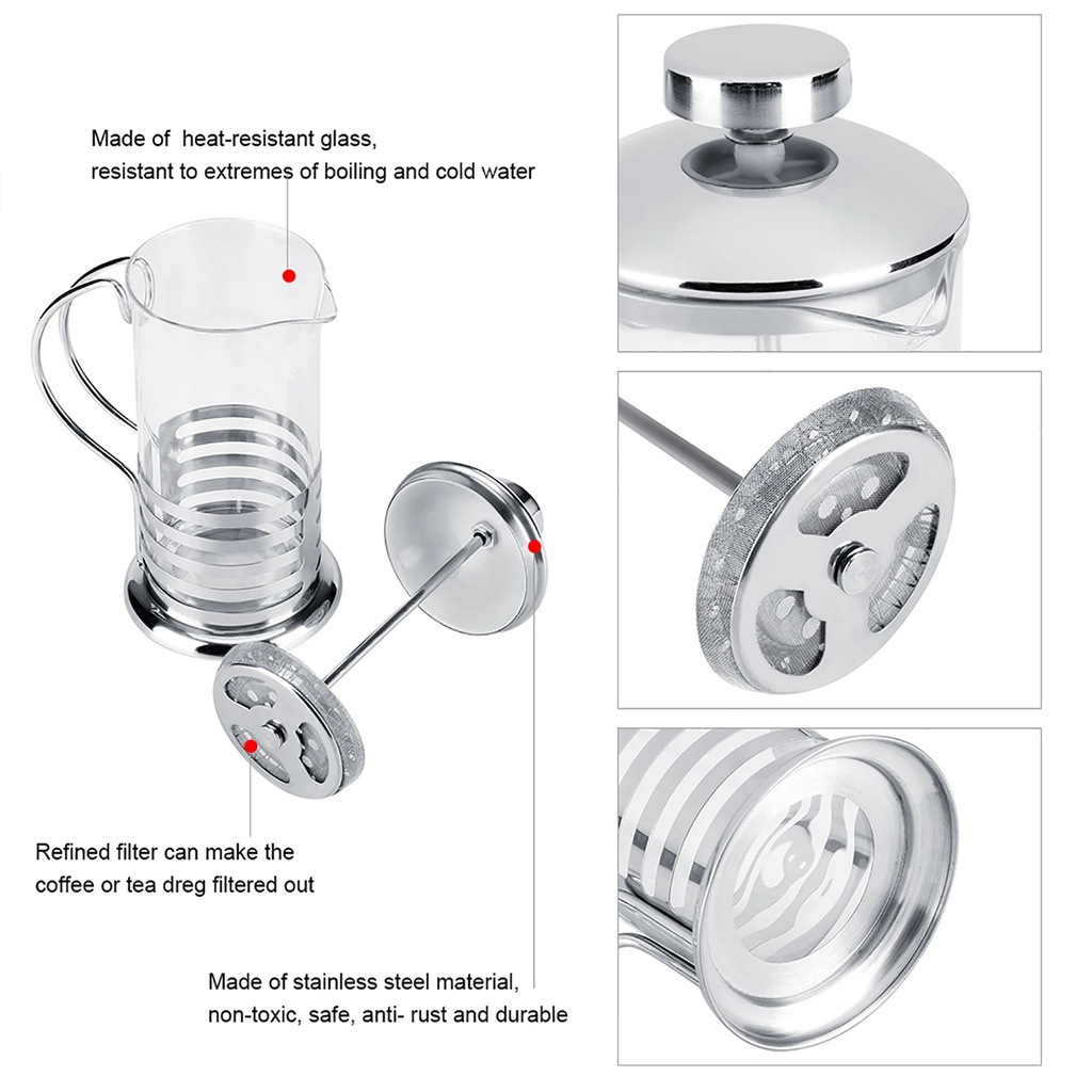ماكينة يدوية لصنع وتحضيرالقهوة الفرنسية 350 ملي تعمل بالضغط زجاج بحامل استانليس بيد قابل للفك