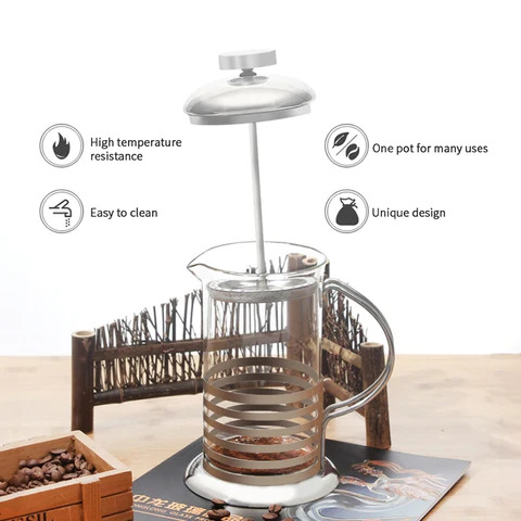 ماكينة يدوية لصنع وتحضيرالقهوة الفرنسية 350 ملي تعمل بالضغط زجاج بحامل استانليس بيد قابل للفك