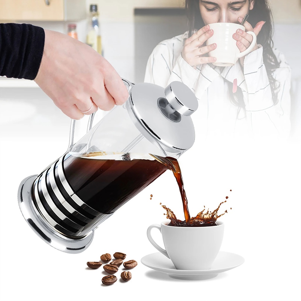 ماكينة يدوية لصنع وتحضيرالقهوة الفرنسية 350 ملي تعمل بالضغط زجاج بحامل استانليس بيد قابل للفك