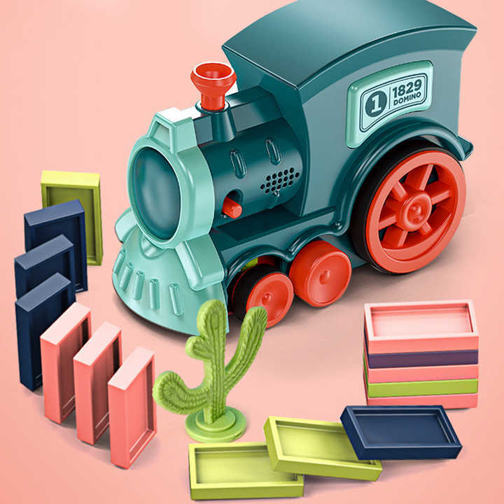 لعبة قطار الدومينو التعليمية وتنمية المهارات بحجارة للاطفال 80 قطعة من المكعبات مع مؤثرات صوت وضوء لجذب الاطفال