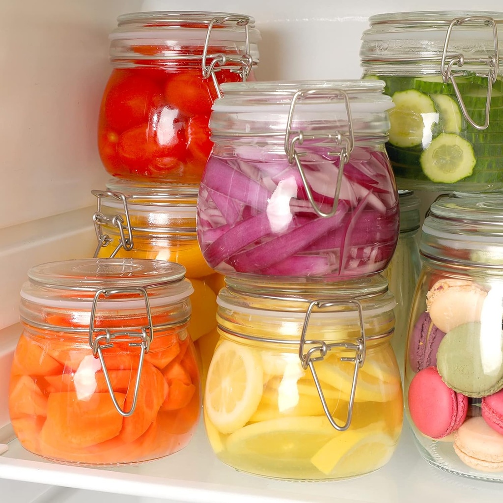 برطمان زجاجي شفاف  بغطاء ومشبك محكم الغلق نصف لتر لحفظ وتخزين المخللات والعسل والسكر