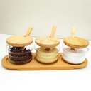 طقم توابل زجاج 3 قطع مع حامل ومعالق خشب للملح و السكر و الشاي