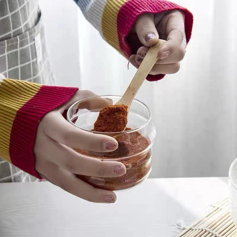 طقم توابل زجاج 3 قطع مع حامل ومعالق خشب للملح و السكر و الشاي