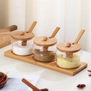 طقم برطمانات زجاجي 3 قطع بحامل خشبي للتوابل والشاي والسكر والقهوة بمعلقة لسهولة الأستخدام