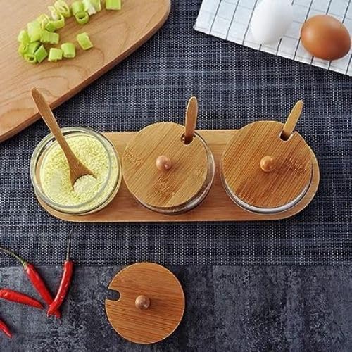 طقم برطمانات زجاجي 3 قطع بحامل خشبي للتوابل والشاي والسكر والقهوة بمعلقة لسهولة الأستخدام