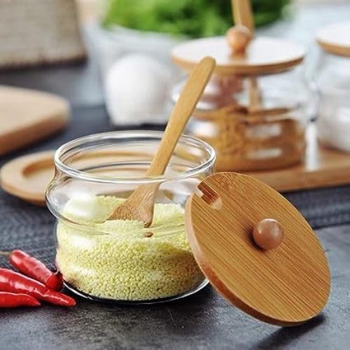 طقم برطمانات زجاجي 3 قطع بحامل خشبي للتوابل والشاي والسكر والقهوة بمعلقة لسهولة الأستخدام