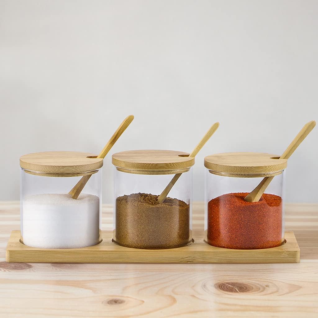 طقم برطمانات زجاج 3 قطع بحامل خشبي ومعلقة لسهولة الأستخدام للتوابل والشاي والسكر والقهوة