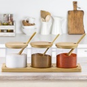 طقم برطمانات زجاج 3 قطع بحامل خشبي ومعلقة لسهولة الأستخدام للتوابل والشاي والسكر والقهوة