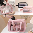 مجموعة شنط وتربروف 3 قطع  شفافة  قابله  للطي مع يد لتنظيم الميك اب وادوات العناية بالبشرة و الادوات الشخصيه بمقاسات مختلفة