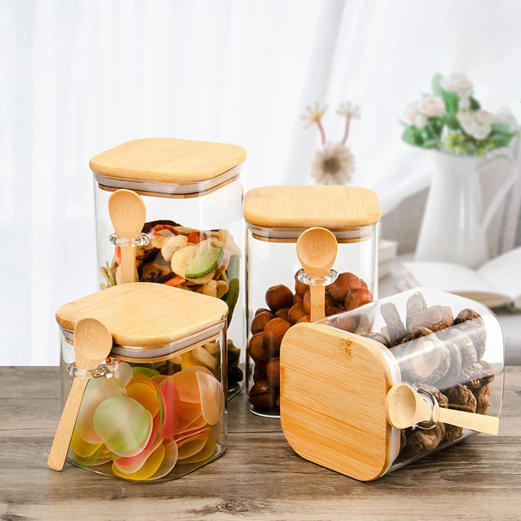 مجموعه برطمانات قطعتين  زجاج  بغطاء ومعلقة خشب لحفظ البقوليات والكورن فليكس والمكسرات 500 ملي