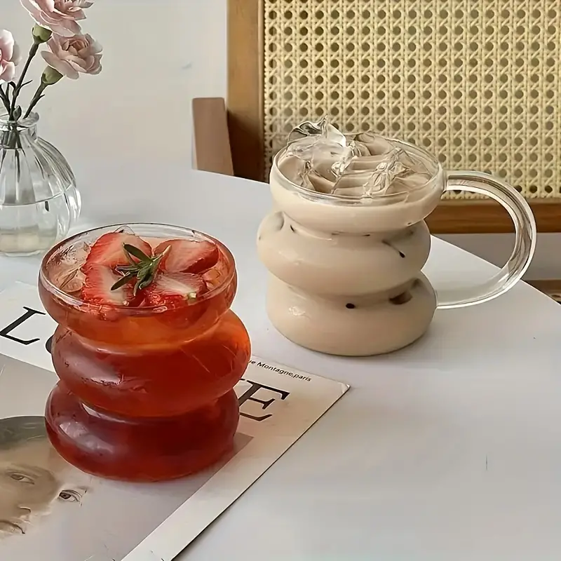 مج بومبيه زجاج شفاف للمشروبات الساخنة والباردة بيد لشرب وتقديم العصائر والنسكافيه والايس كوفي