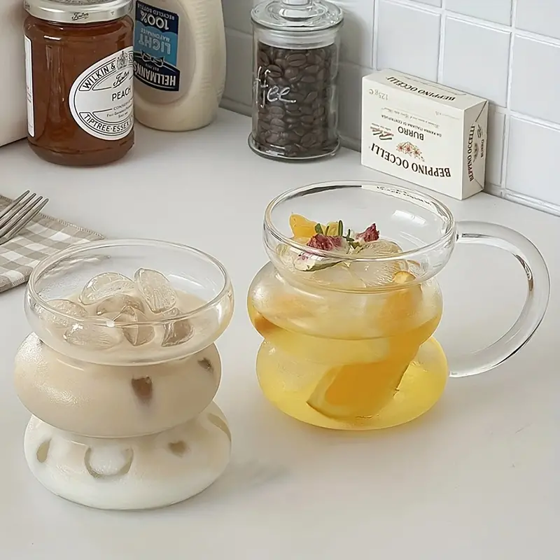 مج بومبيه زجاج شفاف للمشروبات الساخنة والباردة بيد لشرب وتقديم العصائر والنسكافيه والايس كوفي