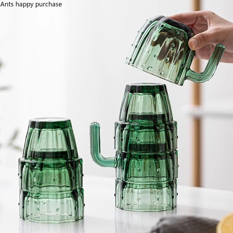 مجموعة اكواب زجاجية علي شكل صبار بيد 4 قطع لشرب و تقديم العصائر و المشروبات الساخنة