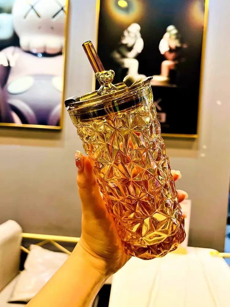 كوب زجاج بايركس علي شكل دب بغطاء وغالق وشاليموه شفاف مجرنش مقاوم للحرارة للمشروبات الساخنة والباردة