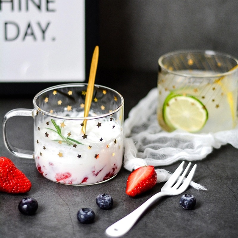 مج  زجاج بايركس حراري  400 ملي شفاف مطبوع بنجوم  بيد لشرب النسكافية واللاتية والكابتشينو