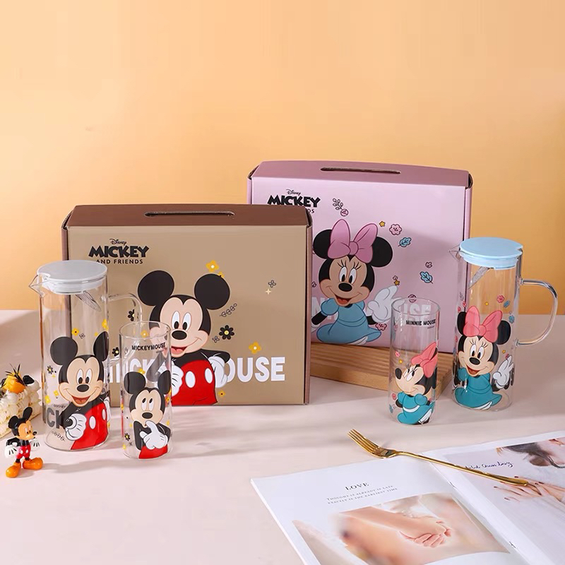 ابريق زجاجي شفاف ميكي ماوس  بمصفاه ستانليس ستيل و بيد وغطاء محكم الغلق 1200 ملي