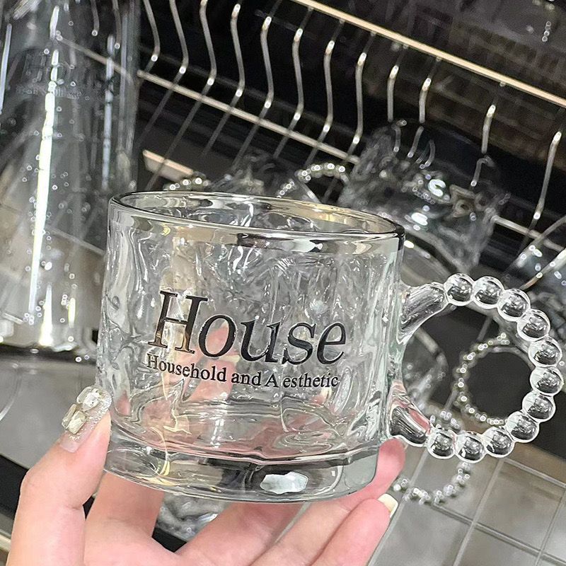 House مج زجاجي بايركس شفاف عالي الجودة بيد بابلز للعصائر والشاي والنسكافيه مطبوع بكلمة