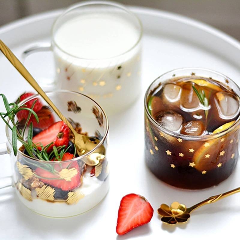 مج  زجاج بايركس حراري  400 ملي شفاف مطبوع بنجوم  بيد لشرب النسكافية واللاتية والكابتشينو