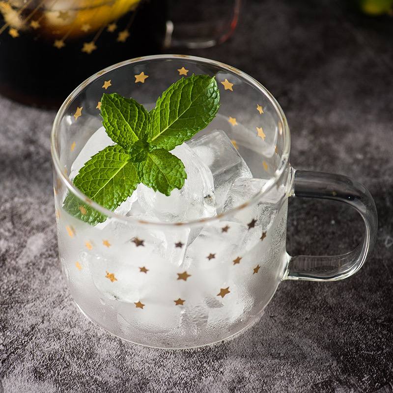 مج  زجاج بايركس حراري  400 ملي شفاف مطبوع بنجوم  بيد لشرب النسكافية واللاتية والكابتشينو