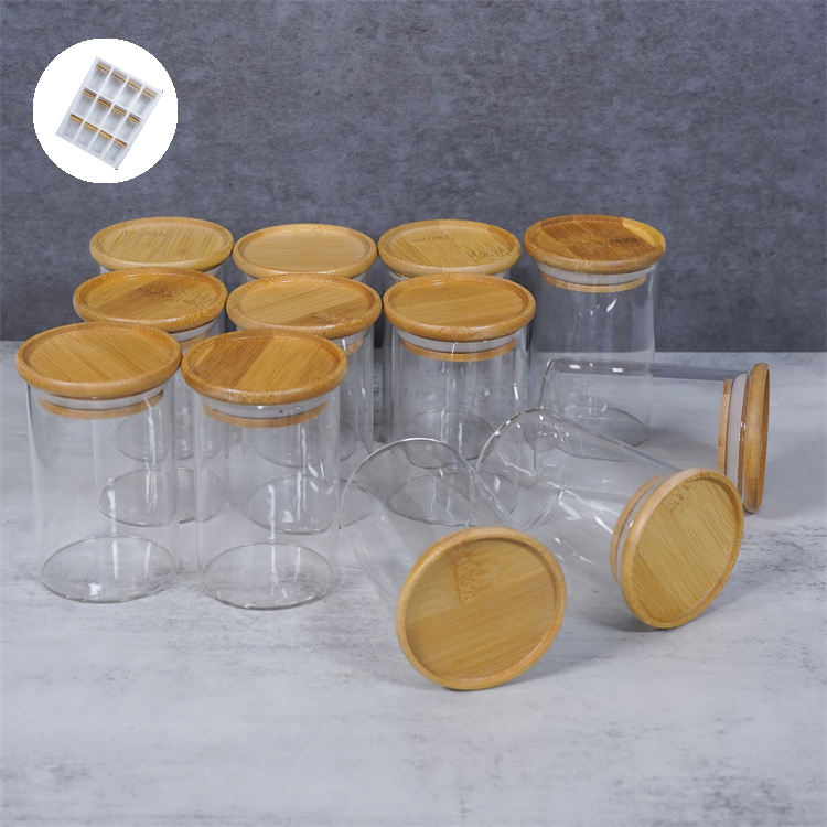 طقم توابل زجاجي  بغطاء خشبي 8 قطع  باستاند خشبي