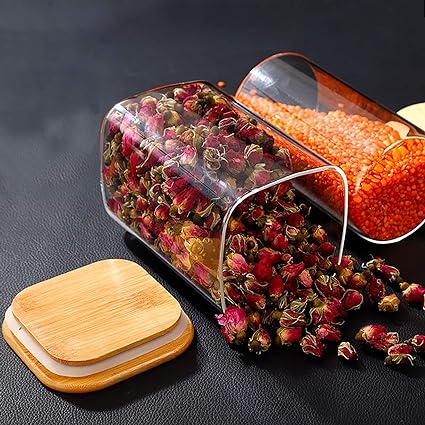 برطمان زجاج  شفاف مربع  200 ملي بغطاء خشبي محكم الغلق لحفظ وتنظيم التوابل والبقوليات