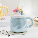 مج بورسلين 425 ملي بغطاء سيليكون يونيكورن بيد شكل لولي وشاليموه لسهولة الشرب للمشروبات الساخنة والباردة