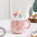 مج بورسلين 425 ملي بغطاء سيليكون يونيكورن بيد شكل لولي وشاليموه لسهولة الشرب للمشروبات الساخنة والباردة