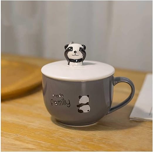 مج  بورسلين مطبوع بغطاء باندا مجسم 500 ملي بيد و معلقة استانليس ستيل سيلفر