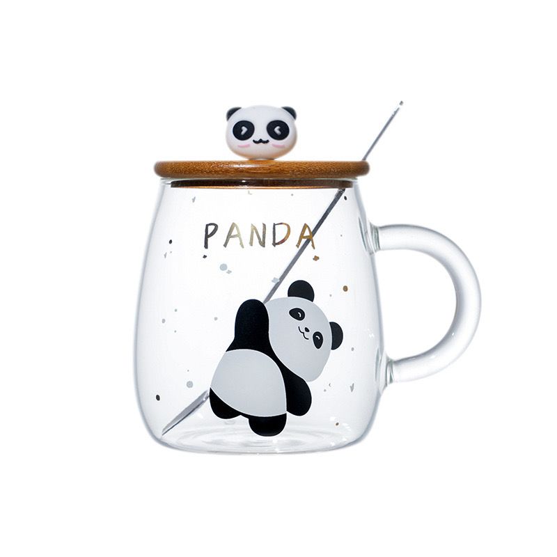 مج الباندا زجاج شفاف 450 مللي مع غطاء خشبي بدب و معلقة ستانليس ستيل للمشروبات الباردة  والساخنة
