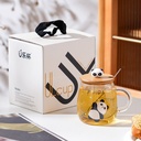 مج الباندا زجاج شفاف 450 مللي مع غطاء خشبي بدب و معلقة ستانليس ستيل للمشروبات الباردة  والساخنة