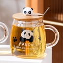 مج الباندا زجاج شفاف 450 مللي مع غطاء خشبي بدب و معلقة ستانليس ستيل للمشروبات الباردة  والساخنة
