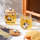 مج الباندا زجاج شفاف 450 مللي مع غطاء خشبي بدب و معلقة ستانليس ستيل للمشروبات الباردة  والساخنة