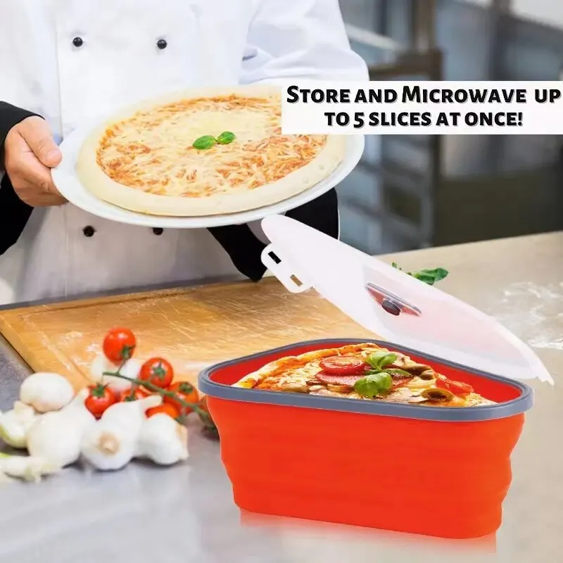 علبة تخزين شرائح البيتزا سليكون قابلة للطي 5 دور بغطاء محكم الغلق