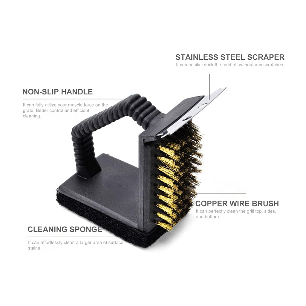 فرشة تنظيف الشوايات 3 في واحد فرشة اسفنجية وشعيرات سلكية ومكشطة ستاليس ستيل لتنظيف جميع اجزاء الشواية بسهولة