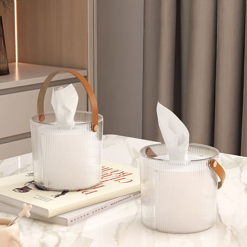 حامل علبة مناديل اكليريك شفاف دائري علي شكل باسكت محمول بيد جلد لديكور الحمام وغرفة النوم والمكتب