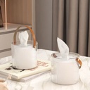 حامل علبة مناديل اكليريك شفاف دائري علي شكل باسكت محمول بيد جلد لديكور الحمام وغرفة النوم والمكتب