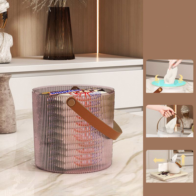 حامل علبة مناديل اكليريك شفاف دائري علي شكل باسكت محمول بيد جلد لديكور الحمام وغرفة النوم والمكتب