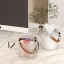 حامل علبة مناديل اكليريك شفاف دائري علي شكل باسكت محمول بيد جلد لديكور الحمام وغرفة النوم والمكتب