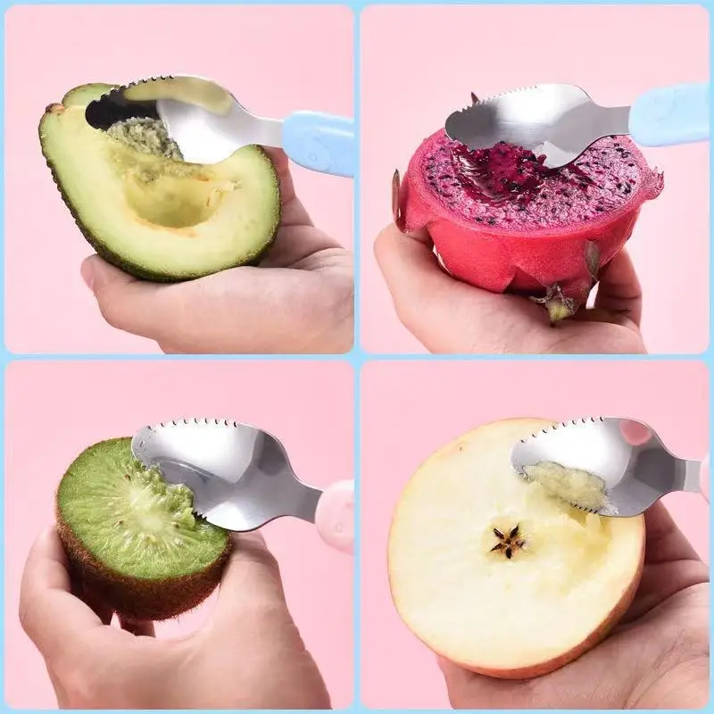 معلقة أطفال 2 في 1 جزء سيليكون وأخر استانليس لتناول الأطعمة السائلة وكشط الفواكه والخضروات