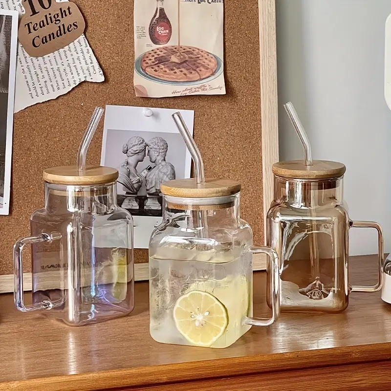 مج زجاج 550 ملي بيد وشاليموه و غطاء محكم الغلق للمشروبات البارده و الايس كوفي و النسكافيه