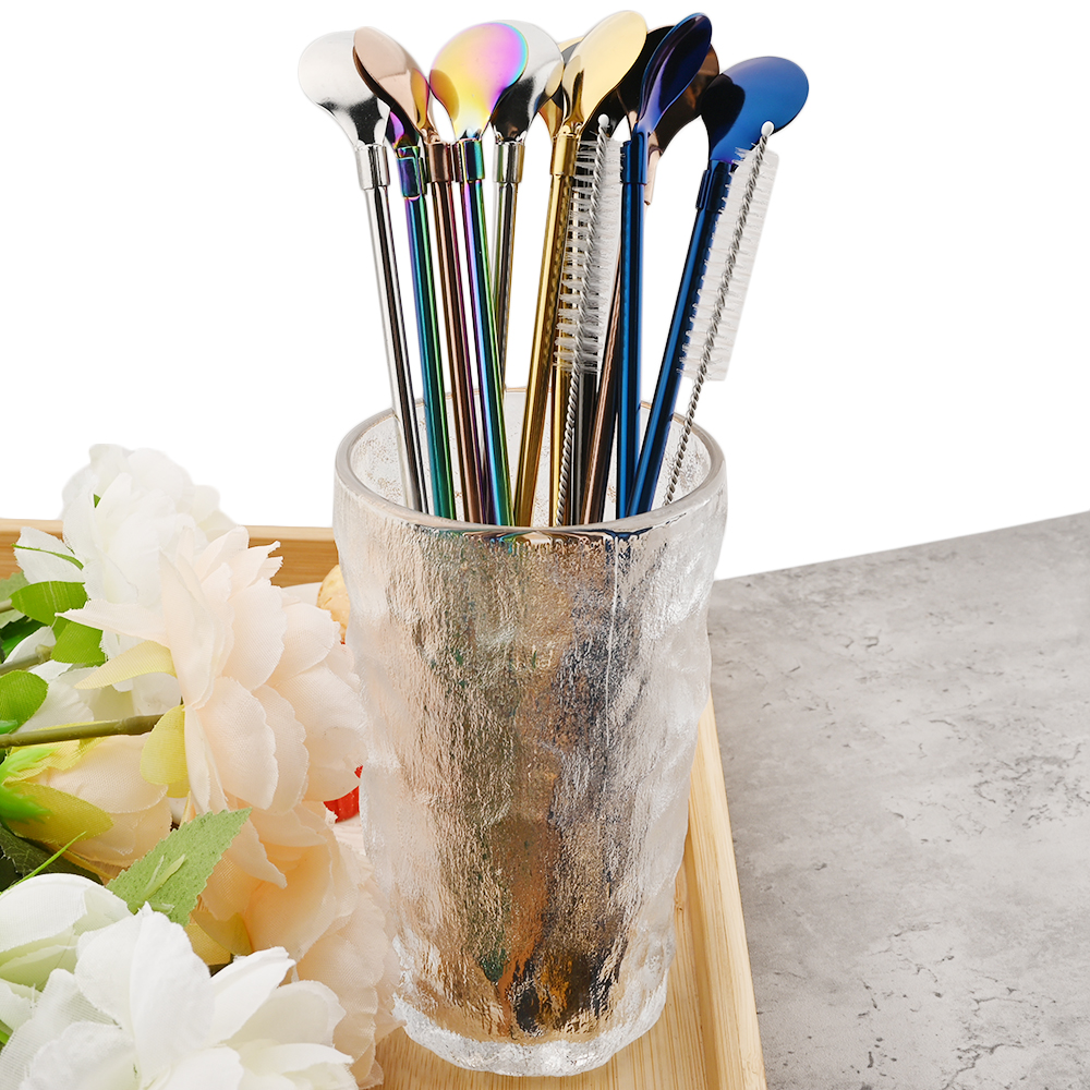 طقم معالق شاليموة زجزاج سيلفر 6 قطع  + فرشاة تنظيف للكوكتيل والعصائر