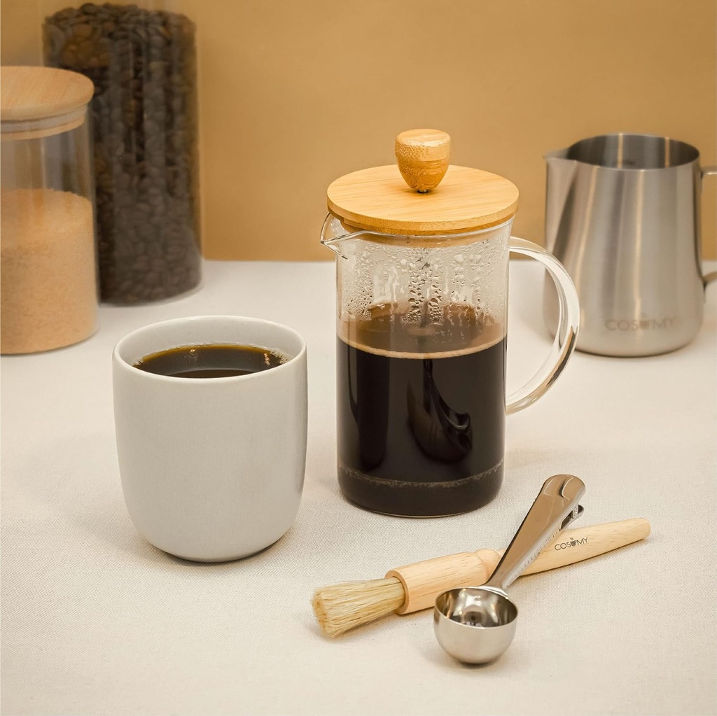 ماكينة زجاج يدوية 450 مللي لتحضير القهوة وفوم اللبن والكابتشينو تعمل بالضغط  بيد عازلة للحرارة وغطاء خشبي