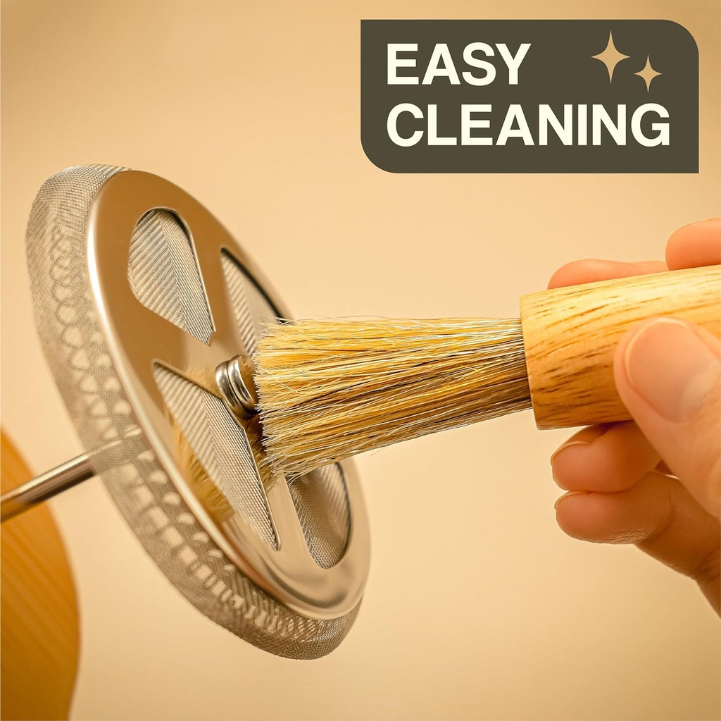 ماكينة زجاج يدوية 450 مللي لتحضير القهوة وفوم اللبن والكابتشينو تعمل بالضغط  بيد عازلة للحرارة وغطاء خشبي