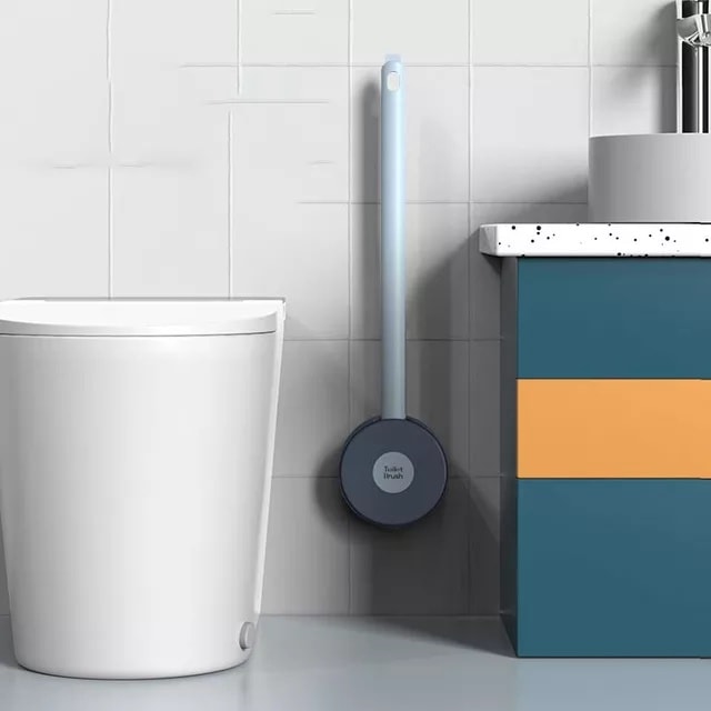 فرشة تويلت سيليكون  مرن بمقبض طويل 38 سم مع حامل يثبت علي الحائط بلزق دابل فيس و فرشة صغيرة للفجوات الداخلية