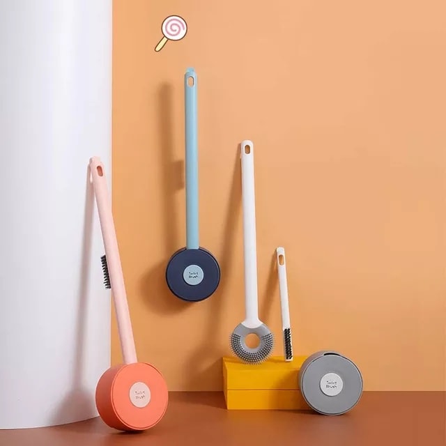 فرشة تويلت سيليكون  مرن بمقبض طويل 38 سم مع حامل يثبت علي الحائط بلزق دابل فيس و فرشة صغيرة للفجوات الداخلية