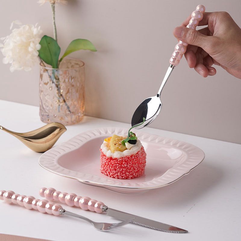 طقم معالق وشوك سكين 6 قطع بمقبض لؤلؤ  بينك