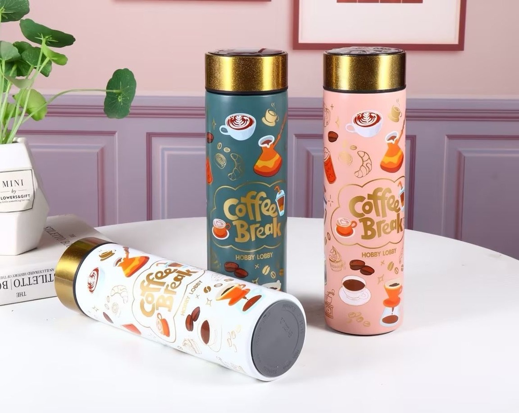 مج حراري استانليس ستيل 500 ملي حافظ لحرارة المشروبات حتي 12 ساعة بمصفاه وغطاء محكم الغلق مطبوع بكلمة Coffee Break