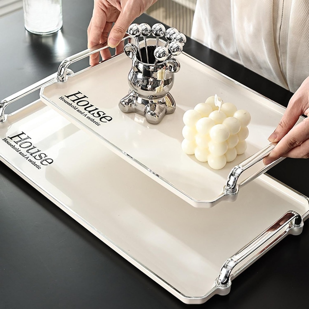 صنية هاوس ميلامين فاخرة مستطيلة بمقبض سيلفر لحمل و تقديم اكواب القهوة والشاي والعصاير للضيوف بشكل شيك