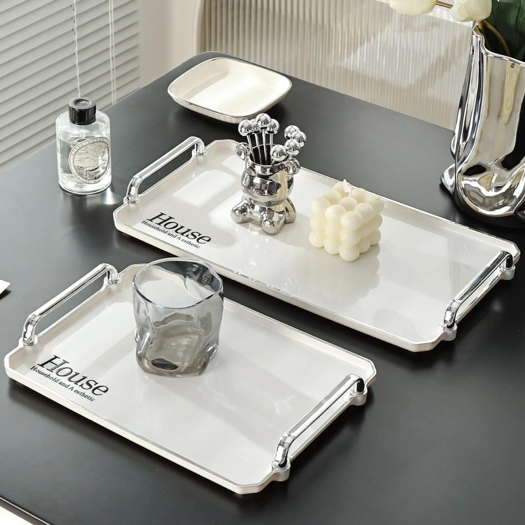 صنية تقديم هاوس مستطيلة بمقبض سيلفر لحمل وتقديم المشروبات والحلويات للضيوف او للديكور